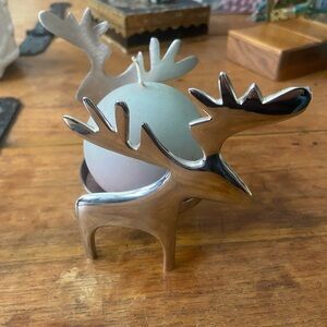 Crate&Barrel Silver Metal Reindeer Shaped Pillar Candle Holder